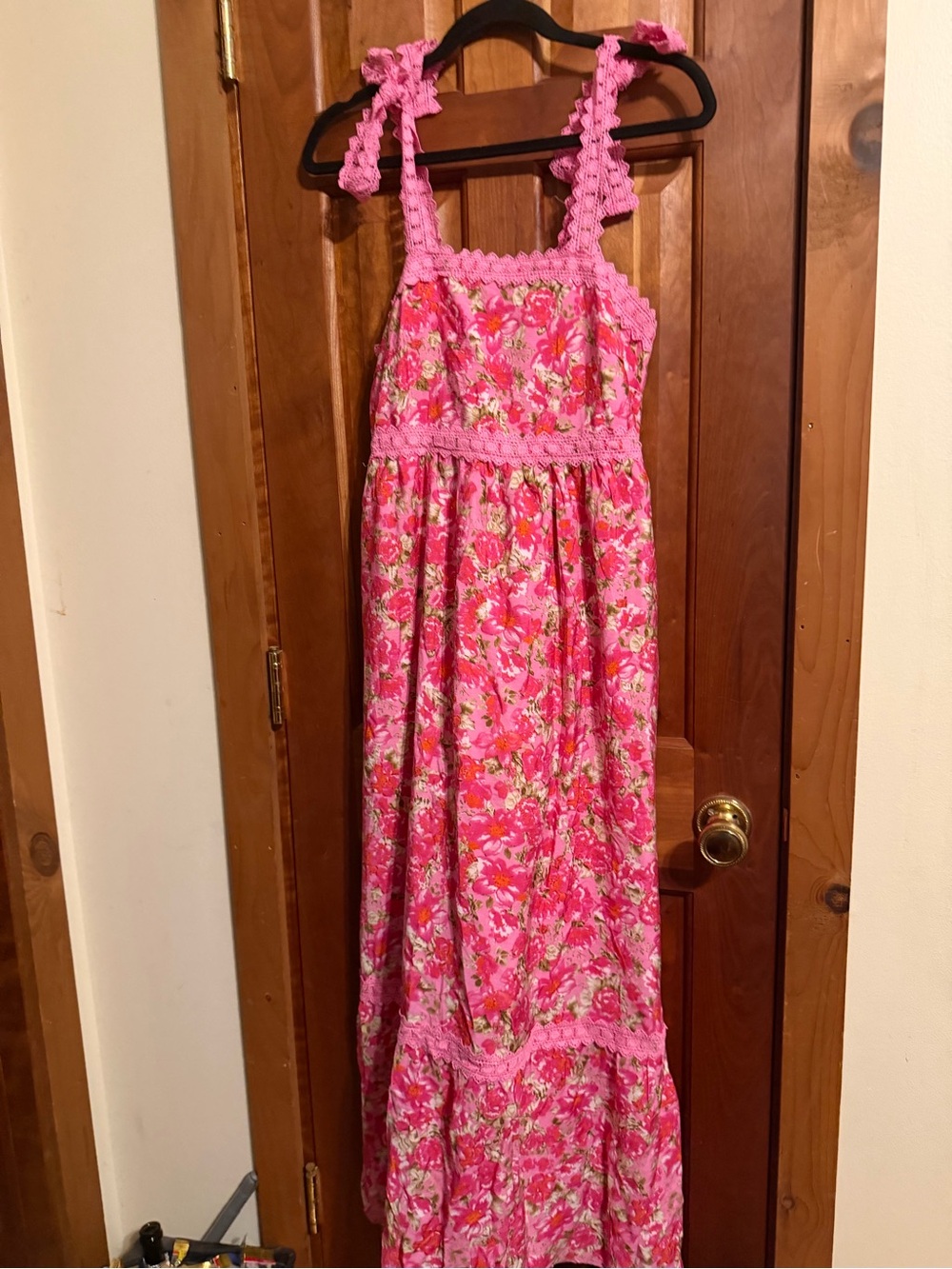 Women’s Hot Pink Floral Maxi Dress with Crochet Trim and Shoulder Straps